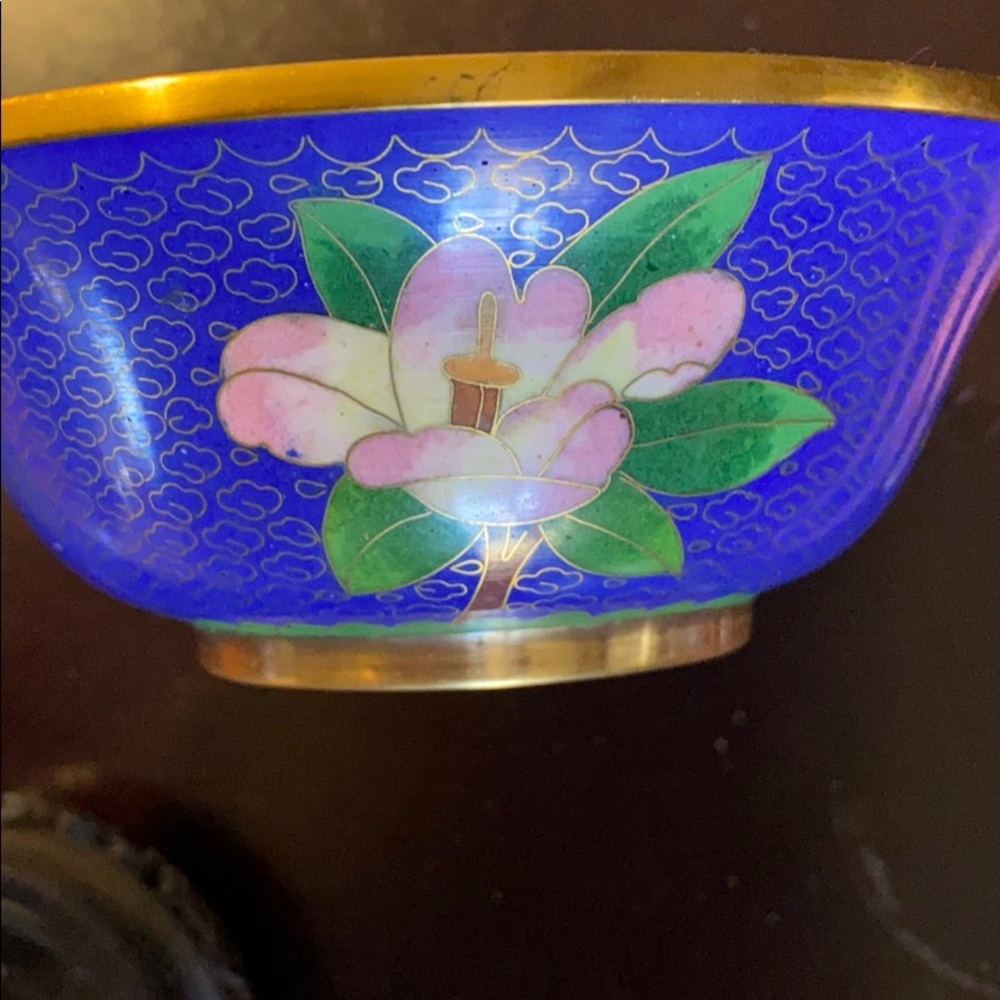 Gorgeous 6” brass & enamel bowl on ornate stand